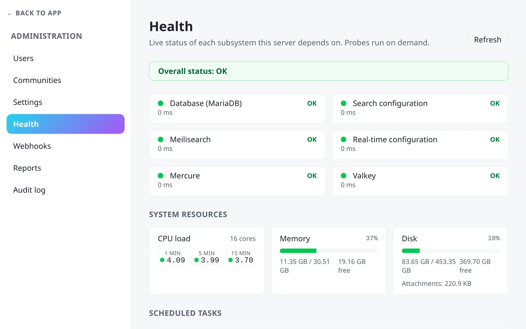 The admin Health page showing an overall status of OK, per-component probe cards and system resource metrics