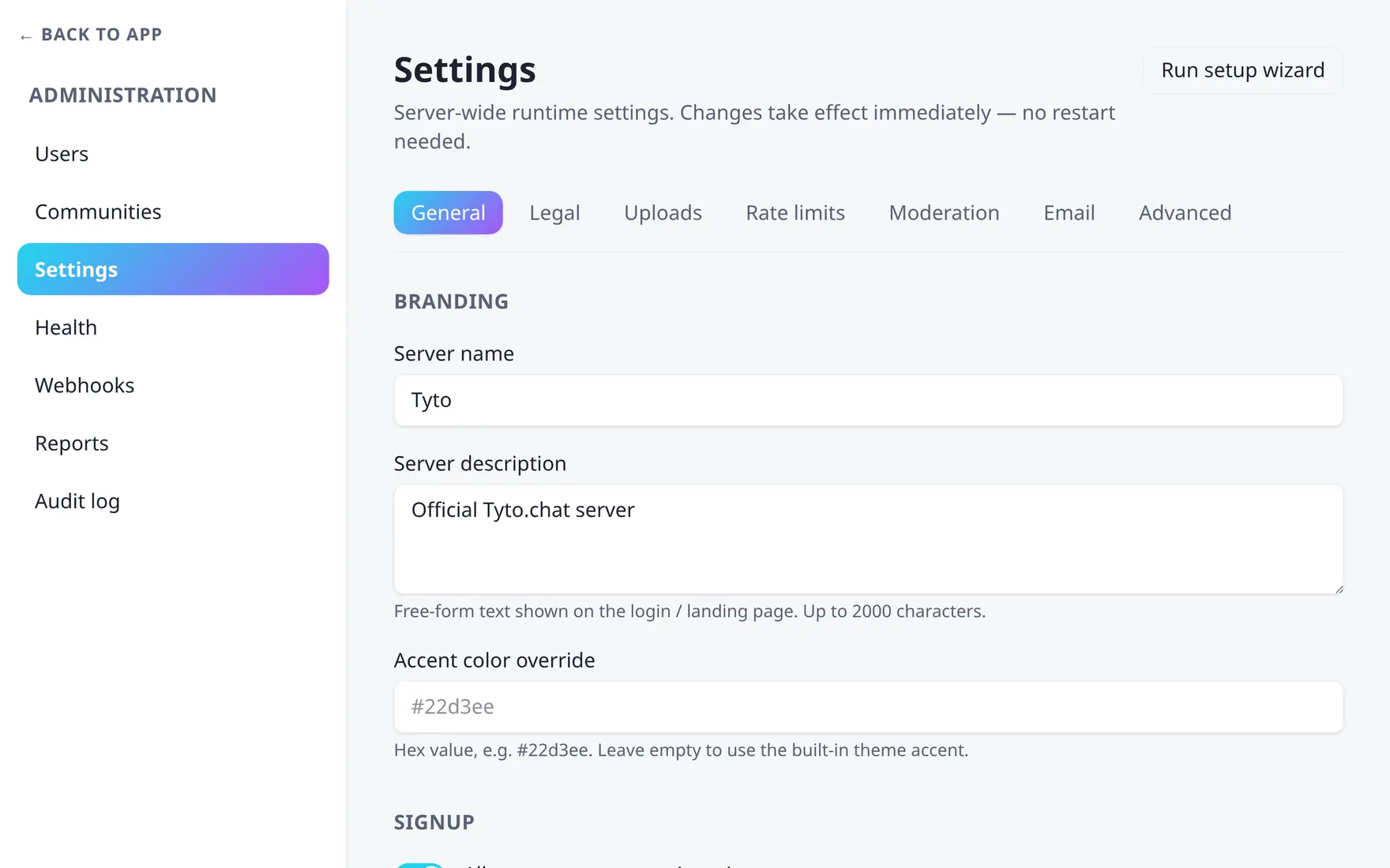 The admin Settings page with the General tab open, showing server name, description and registration options