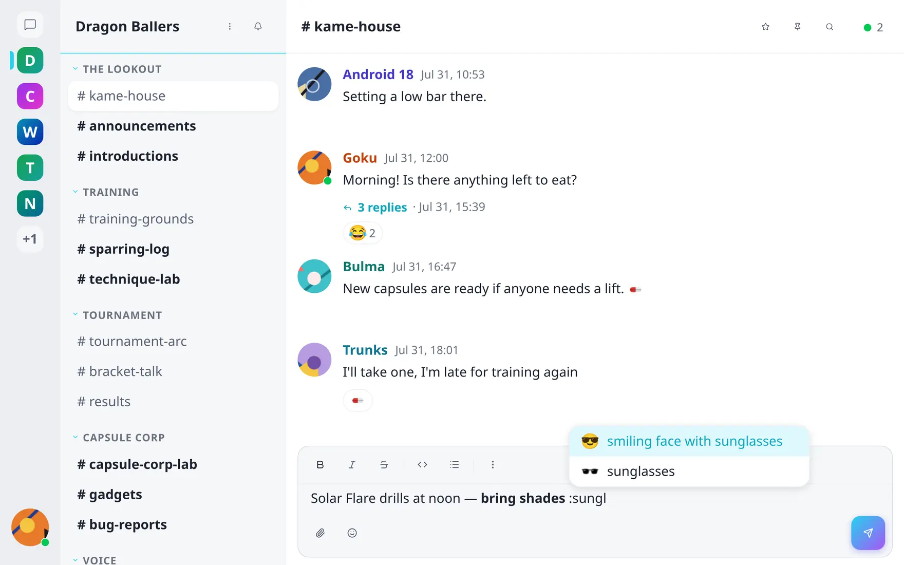 The message composer with bold text, the formatting toolbar and an emoji autocomplete dropdown open