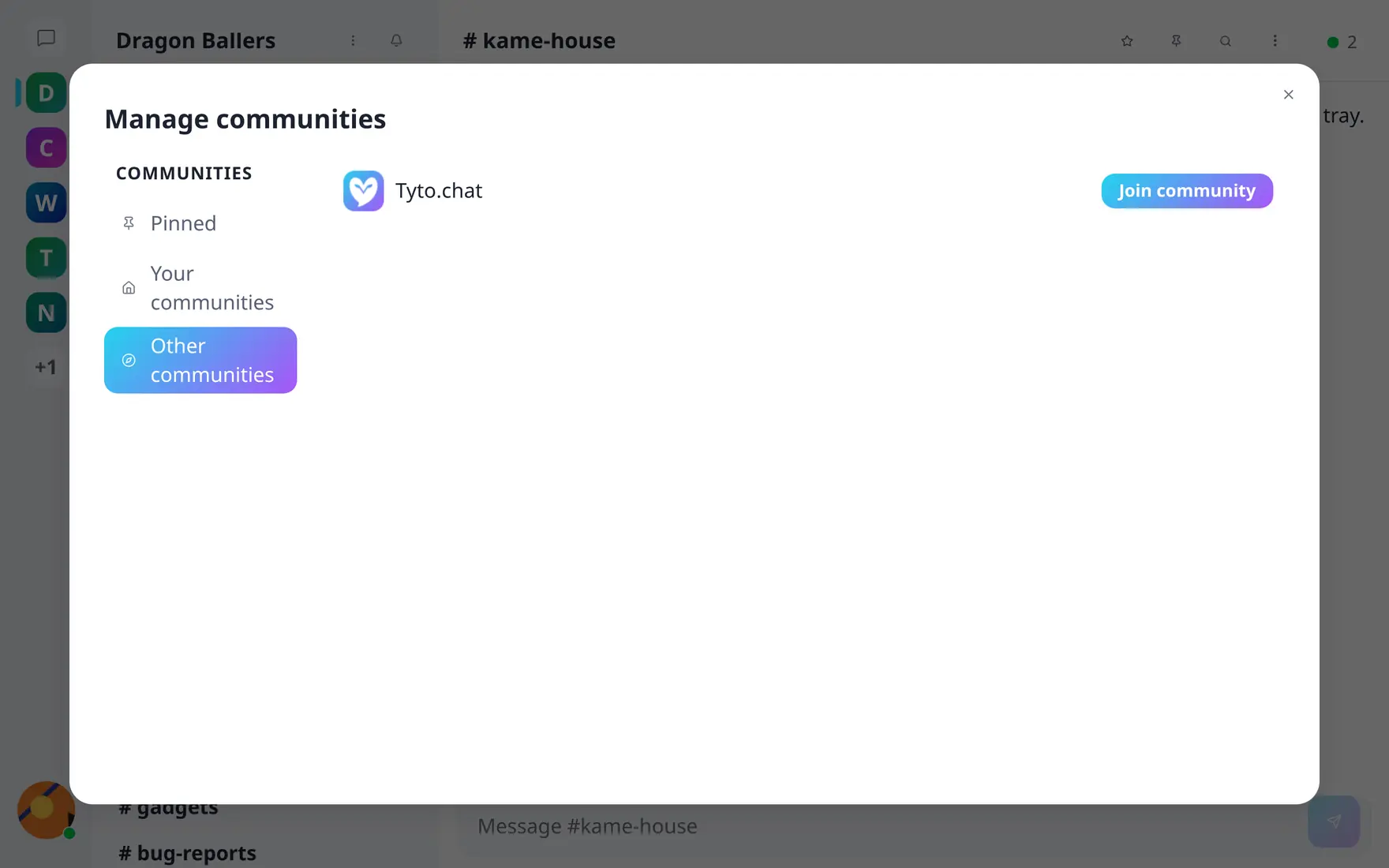 The Manage communities dialog on the Other communities tab with a public community and a Join button