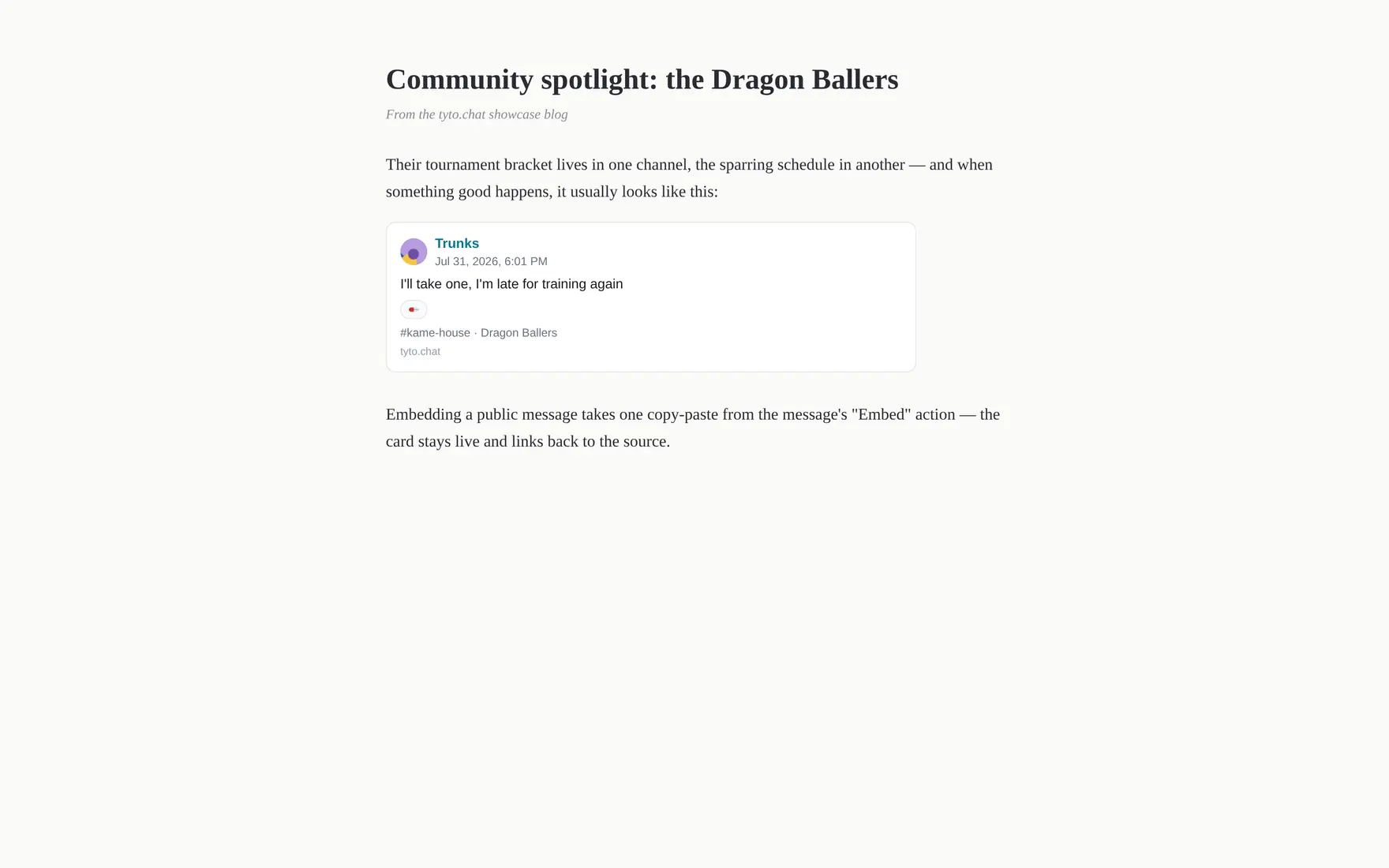 A blog page with an embedded tyto.chat message card showing author, text and a link back to the source