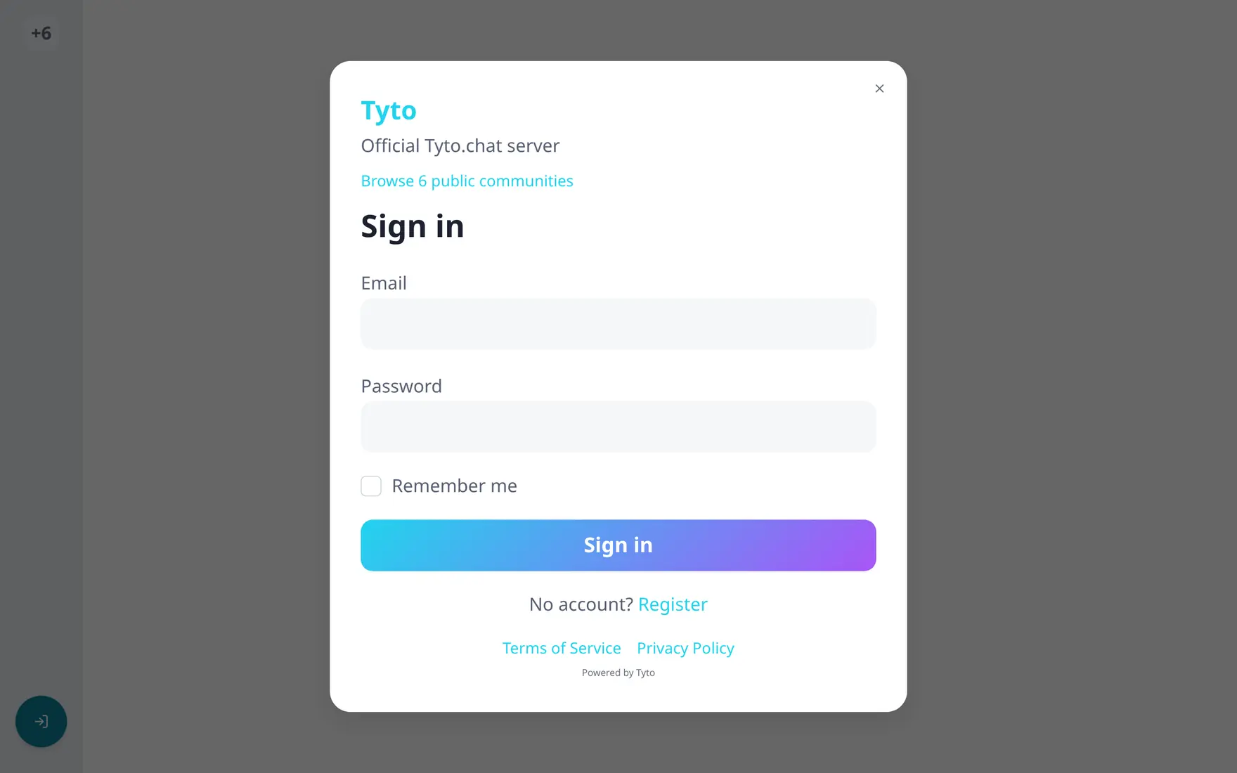 The sign-in dialog with server branding, a link to browse public communities and a Powered by Tyto footer