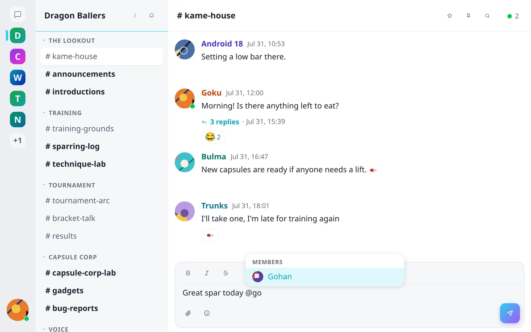 The composer with an @ mention autocomplete open, listing matching members and broadcast options