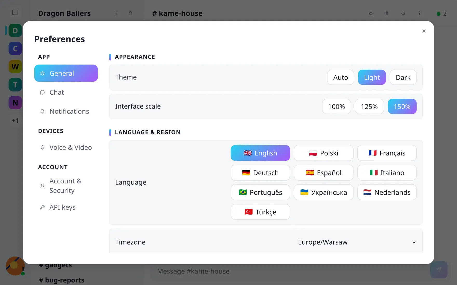 The General tab of Preferences with theme, interface scale, language and timezone controls