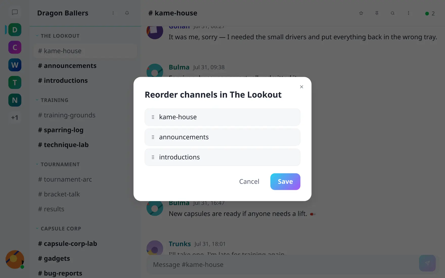 The reorder-channels dialog with draggable rows for each channel of a section