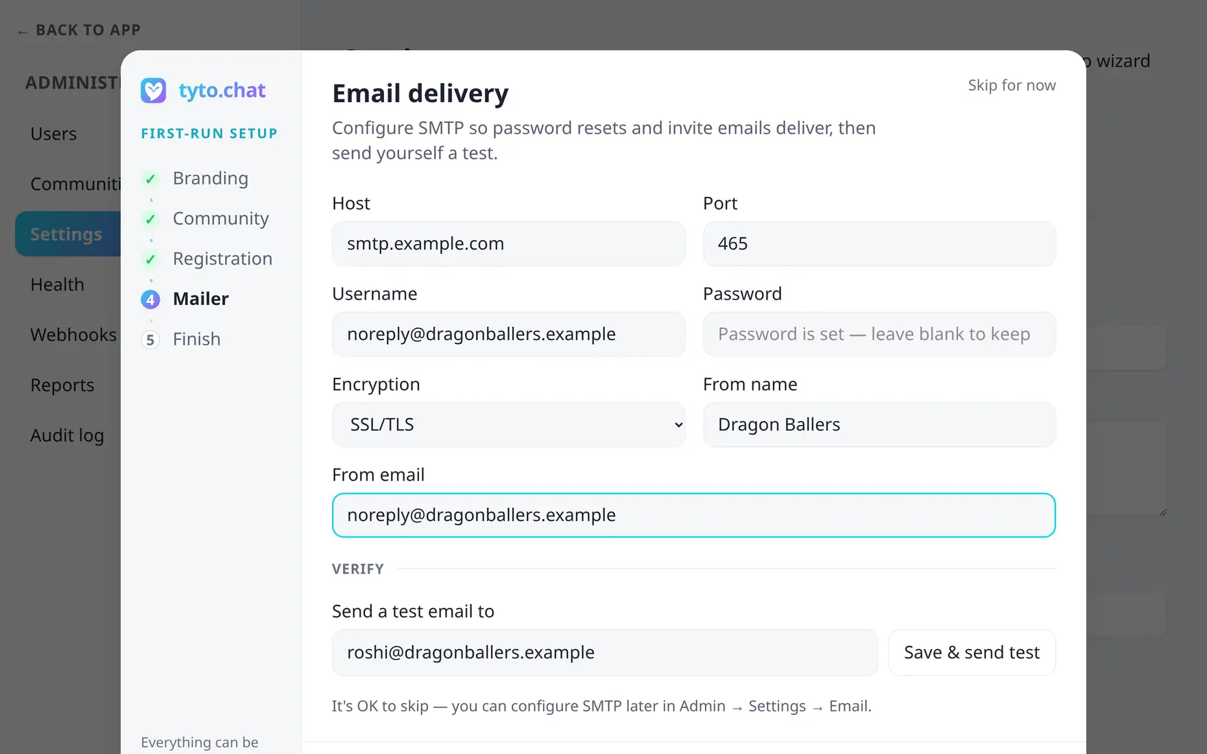 The Mailer step with the SMTP connection grid and a Save & send test button