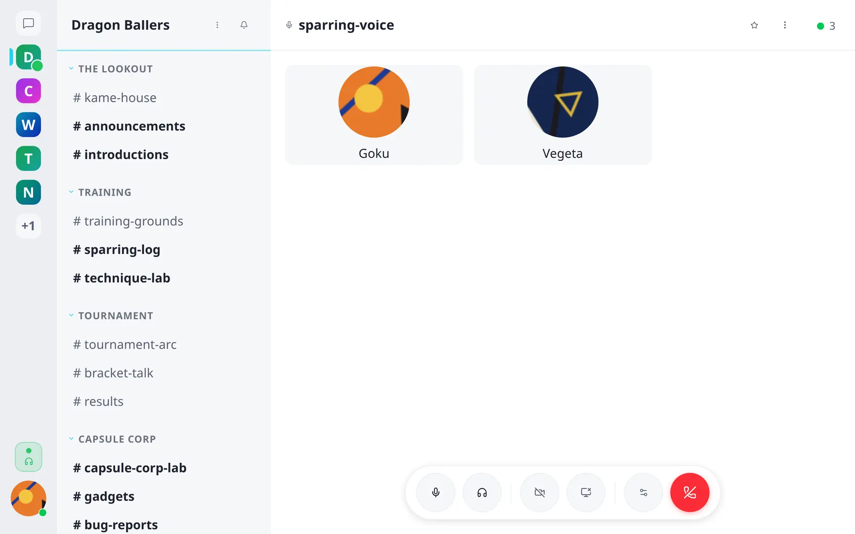 A live voice call with two participant tiles and the call controls dock