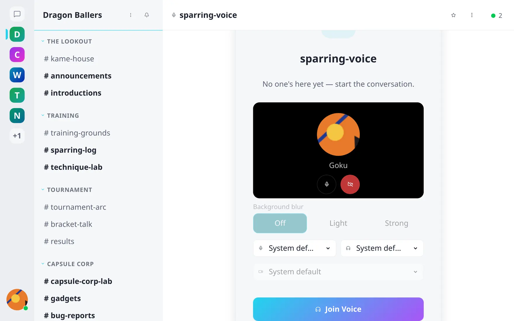 The pre-join screen of a voice channel with camera preview, background blur options and device selectors